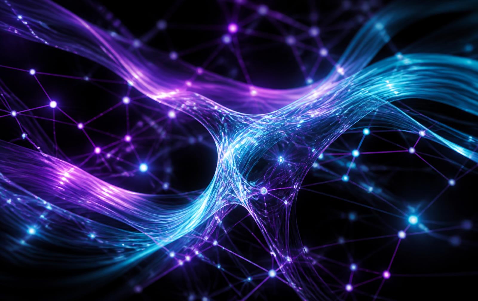 Abstract light ribbons weaving through a node lattice