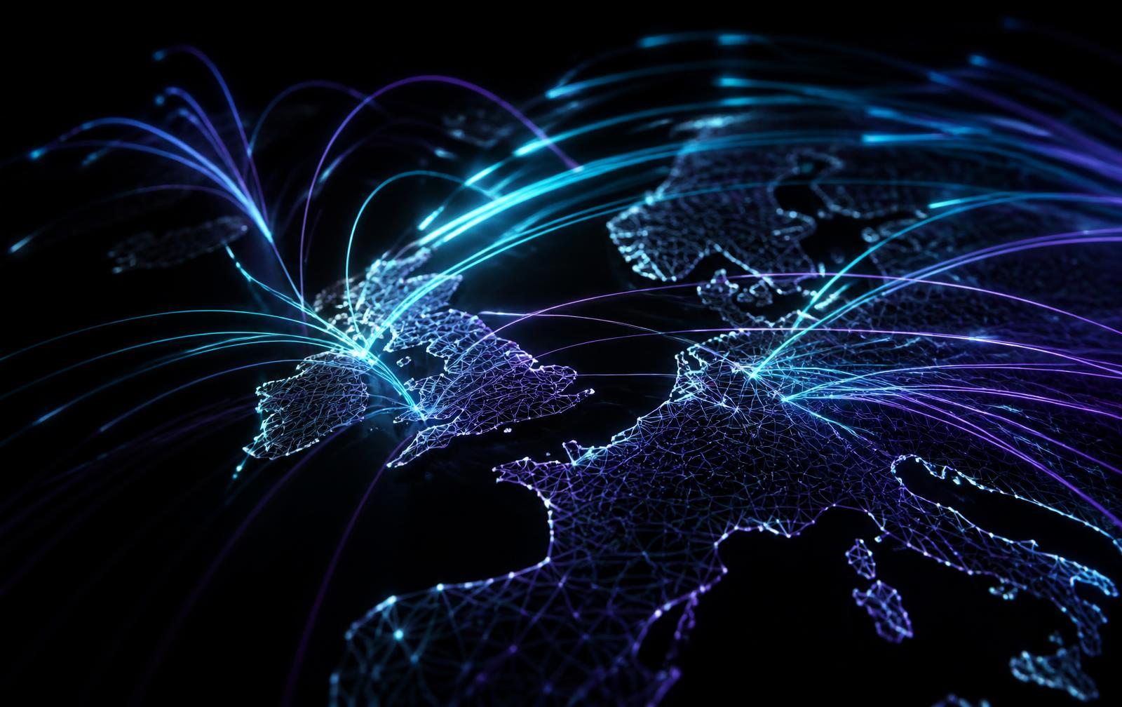 Fibre optic light trails arcing over a wireframe map of the UK and Europe